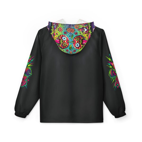 A rear view of a Black unisex windbreaker with a colorful, psychedelic design on the hood and along the outer sides of both arms. The design features bright shades of green, blue, pink, and orange. The design on the hood shows a melting skull-shaped cherry with a psychedelic eyeball, surrounded by candy, stars, and lollipops. This design is mirrored on both sides of the hood. The windbreaker has a relaxed fit with elastic cuffs.