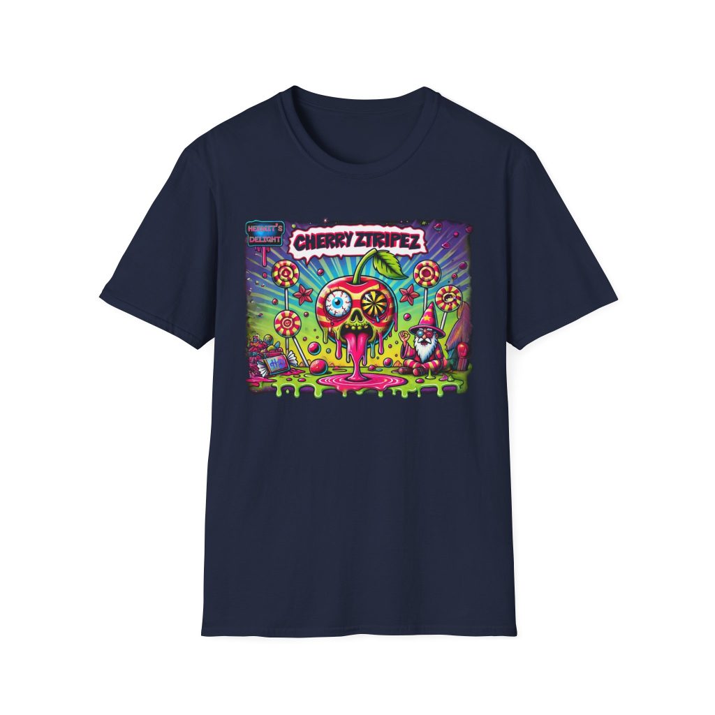 navy t-shirt with rectangular design in the middle. largest left to right. Featuring a colorful psychedelic graphic with the text 'Cherry Stripez' and 'Hermit's Delight.' The design shows a melting skull-shaped cherry with a psychedelic eyeball, surrounded by candy, stars, and lollipops, with a wizard-like character in the bottom right corner. Bold, neon colors in pink, green, yellow, and purple give it a vibrant, surreal look.
