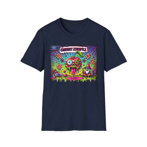 navy t-shirt with rectangular design in the middle. largest left to right. Featuring a colorful psychedelic graphic with the text 'Cherry Stripez' and 'Hermit's Delight.' The design shows a melting skull-shaped cherry with a psychedelic eyeball, surrounded by candy, stars, and lollipops, with a wizard-like character in the bottom right corner. Bold, neon colors in pink, green, yellow, and purple give it a vibrant, surreal look.