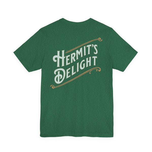 back view, Hermit's Delight logo across the whole back, centered.