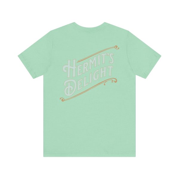 back view, Hermit's Delight logo across the whole back, centered.