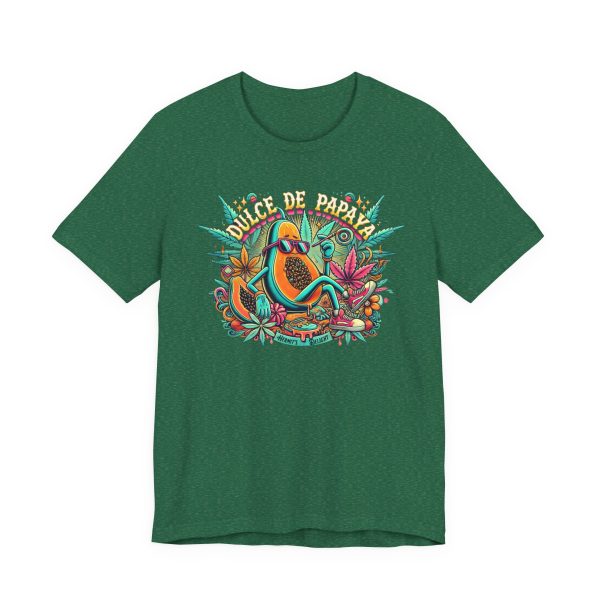 heather grass green t-shirt with a colorful graphic of a lounging papaya character wearing sunglasses, surrounded by marijuana leaves and the words “Dulce de Papaya” in bold text above.