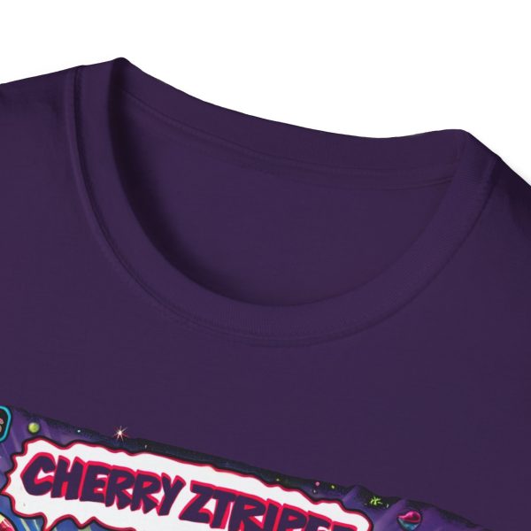 Close-up of the collar on a purple t-shirt, featuring a classic crew neck with clean double stitching and no visible tag. The upper edge of a colorful graphic design is partially visible below the collar, with bold text reading 'CHERRY ZTRIPEZ.