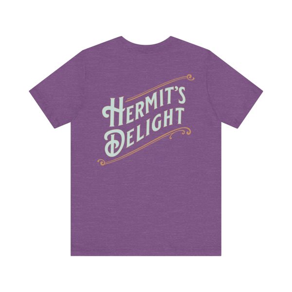 back view, Hermit's Delight logo across the whole back, centered.