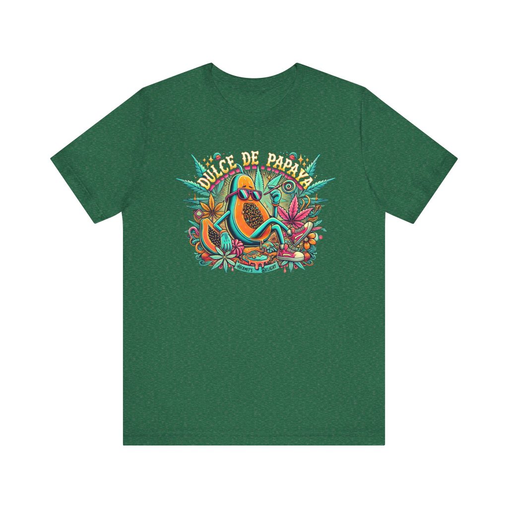 heather grass green t-shirt with a colorful graphic of a lounging papaya character wearing sunglasses, surrounded by marijuana leaves and the words “Dulce de Papaya” in bold text above.