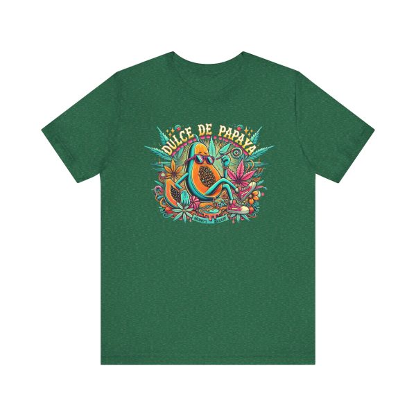 heather grass green t-shirt with a colorful graphic of a lounging papaya character wearing sunglasses, surrounded by marijuana leaves and the words “Dulce de Papaya” in bold text above.