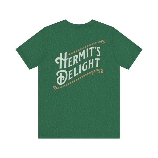 back view, Hermit's Delight logo across the whole back, centered.