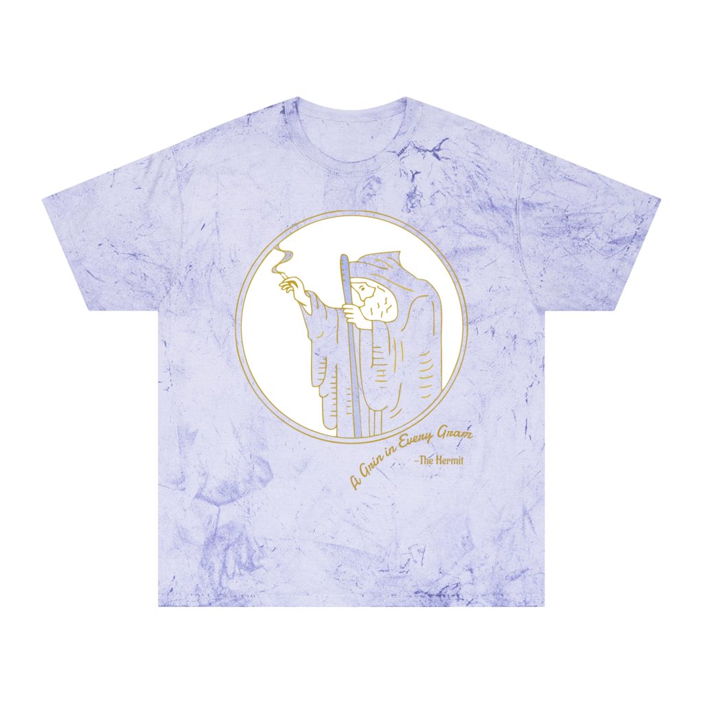 hermit's circle color blast amethyst, front view, wizard man smoking outline. "A Grin in Every Gram - The Hermit" text in the bottom left.