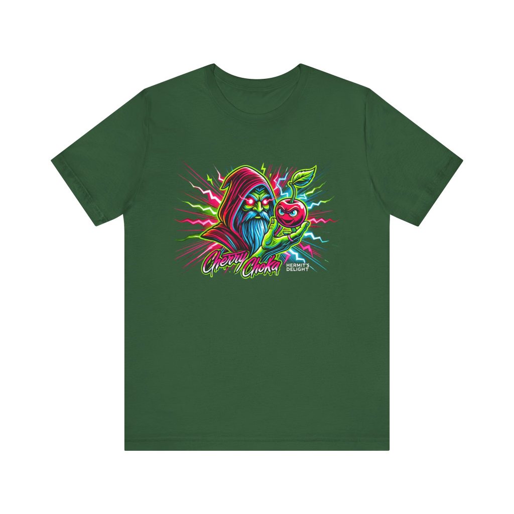 green t-shirt a hooded wizard holding a glowing cherry with electric accents and the words 'Cherry Choka.' electric pink, green, red, and blue colors throughout.