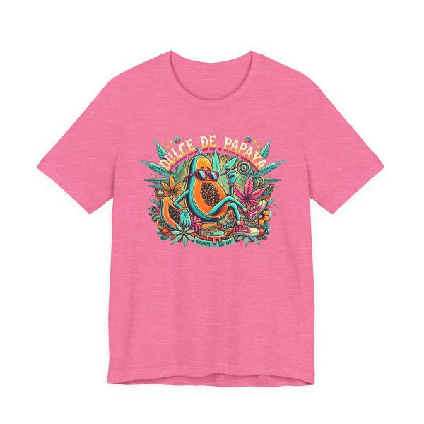 heather pink t-shirt with a colorful graphic of a lounging papaya character wearing sunglasses, surrounded by marijuana leaves and the words “Dulce de Papaya” in bold text above.