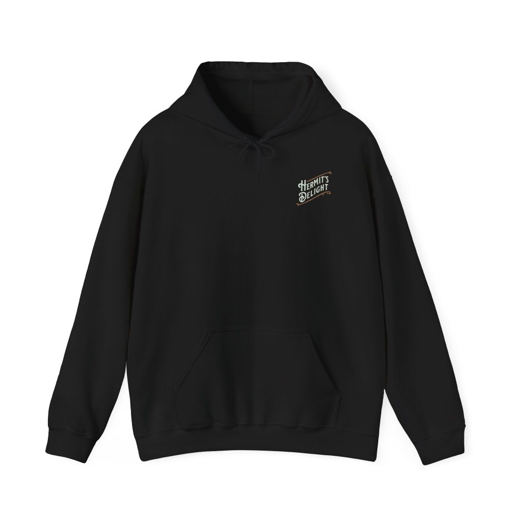 unisex heavy blend™ hooded sweatshirt, showing the hermit's delight logo in the top left corner