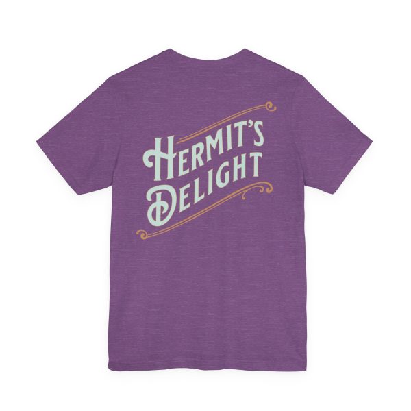 back view, Hermit's Delight logo across the whole back, centered.