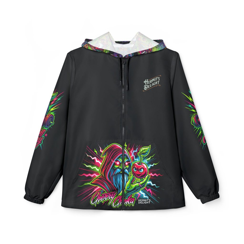 Black zip-up hoodie featuring vibrant neon artwork and a 'Hermit's Delight' logo on the left chest. The front pocket showcases a hooded wizard holding a glowing cherry with electric accents and the words 'Cherry Choka.' Sleeve graphics include bold cherry-themed designs with 'Buff Cherry' text. The hood is lined with a colorful patterned fabric. Eye-catching streetwear style with a relaxed fit.