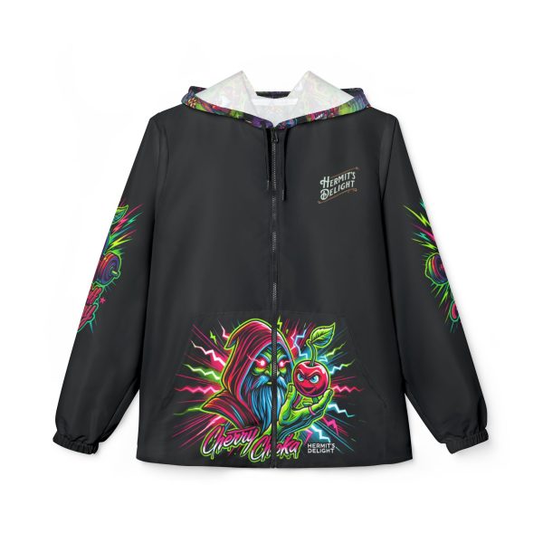 Black zip-up hoodie featuring vibrant neon artwork and a 'Hermit's Delight' logo on the left chest. The front pocket showcases a hooded wizard holding a glowing cherry with electric accents and the words 'Cherry Choka.' Sleeve graphics include bold cherry-themed designs with 'Buff Cherry' text. The hood is lined with a colorful patterned fabric. Eye-catching streetwear style with a relaxed fit.