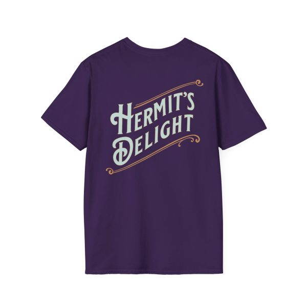 back view, Hermit's Delight logo across the whole back, centered.