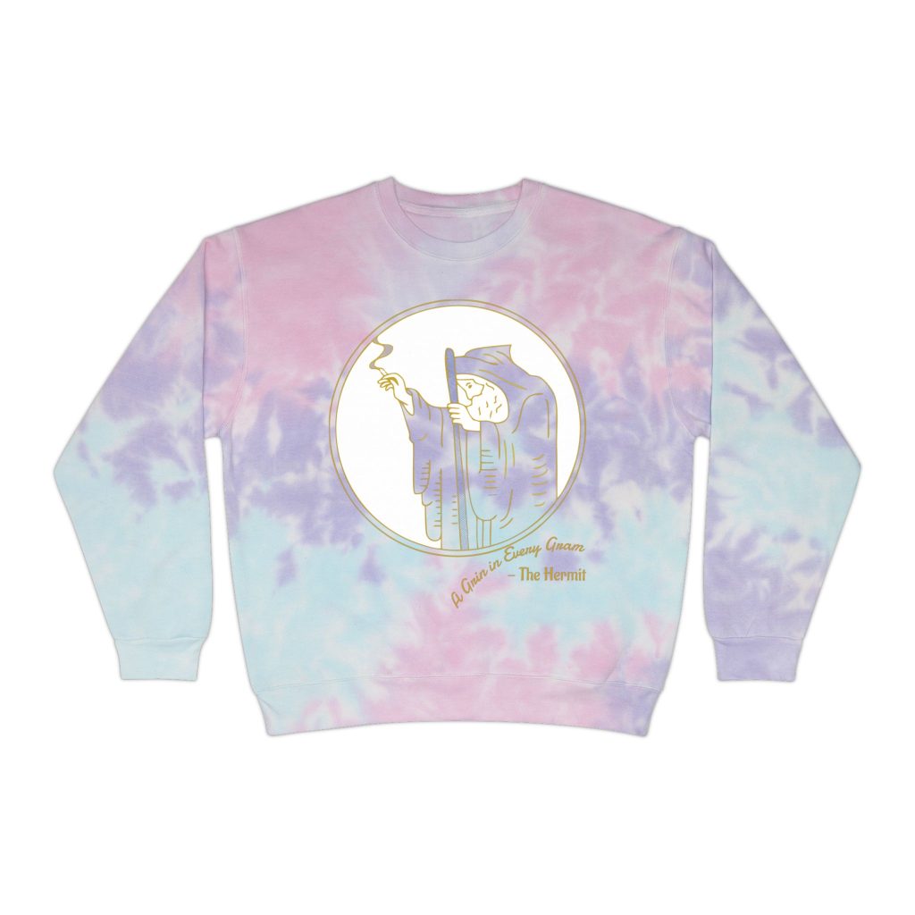 hermit's delight tie dye sweatshirt, front view, wizard man smoking outline. "A Grin in Every Gram - The Hermit" text in the bottom left.