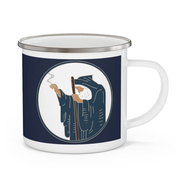 enamel hermit's delight camping mug, wizard smoking logo side 1, white base with navy background color block behind logos