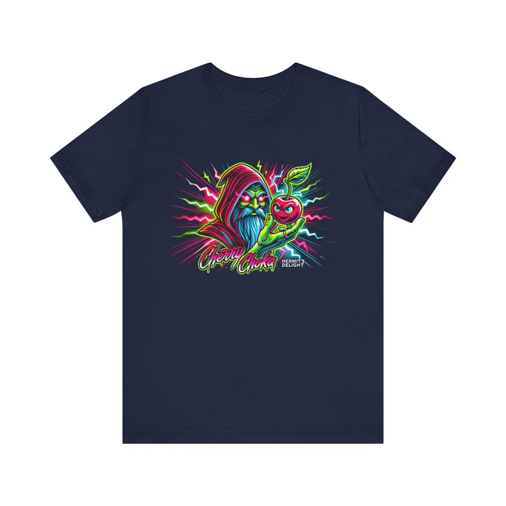 navy t-shirt a hooded wizard holding a glowing cherry with electric accents and the words 'Cherry Choka.' electric pink, green, red, and blue colors throughout.