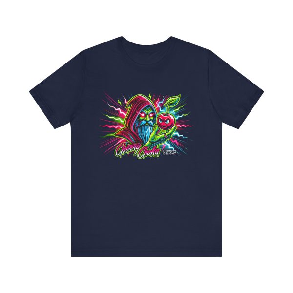 navy t-shirt a hooded wizard holding a glowing cherry with electric accents and the words 'Cherry Choka.' electric pink, green, red, and blue colors throughout.