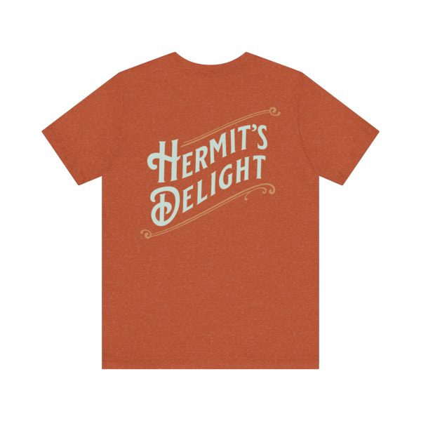 back view, Hermit's Delight logo across the whole back, centered.
