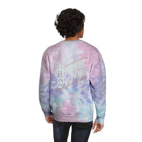 hermit's delight pastel tie dye sweatshirt with logo, rear view