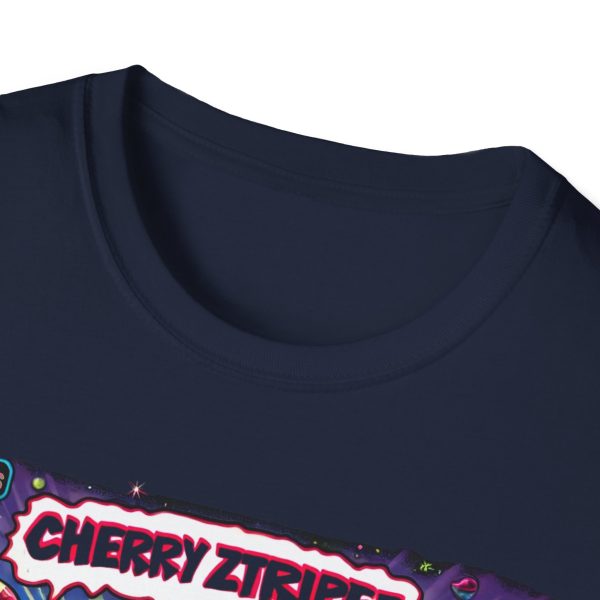 Close-up of the collar on a navy t-shirt, featuring a classic crew neck with clean double stitching and no visible tag. The upper edge of a colorful graphic design is partially visible below the collar, with bold text reading 'CHERRY ZTRIPEZ.