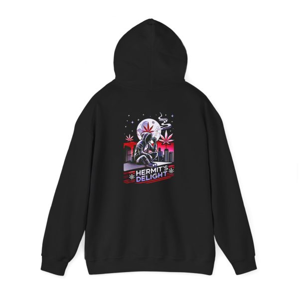 unisex heavy blend™ hooded sweatshirt, back view, graphic t-shirt design featuring a hooded figure smoking in front of a cityscape at night, with a large moon, red cannabis leaves, and the text 'Hermit's Delight' in bold lettering. Urban, moody style with red, purple, and black tones.