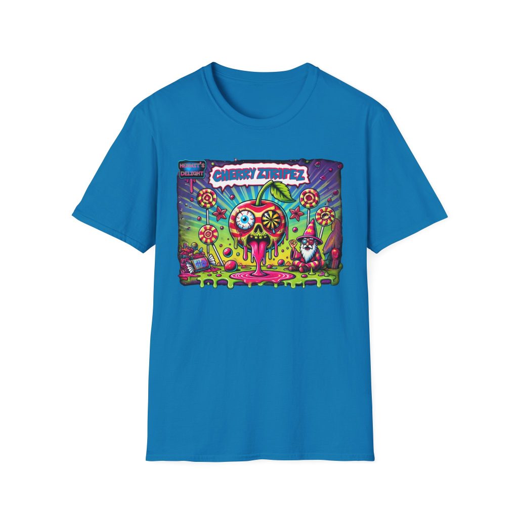 bright blue t-shirt with rectangular design in the middle. largest left to right. Featuring a colorful psychedelic graphic with the text 'Cherry Stripez' and 'Hermit's Delight.' The design shows a melting skull-shaped cherry with a psychedelic eyeball, surrounded by candy, stars, and lollipops, with a wizard-like character in the bottom right corner. Bold, neon colors in pink, green, yellow, and purple give it a vibrant, surreal look.