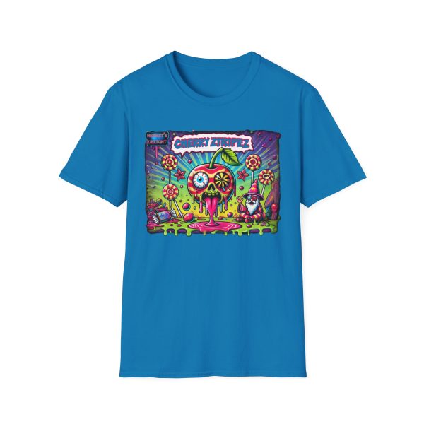 bright blue t-shirt with rectangular design in the middle. largest left to right. Featuring a colorful psychedelic graphic with the text 'Cherry Stripez' and 'Hermit's Delight.' The design shows a melting skull-shaped cherry with a psychedelic eyeball, surrounded by candy, stars, and lollipops, with a wizard-like character in the bottom right corner. Bold, neon colors in pink, green, yellow, and purple give it a vibrant, surreal look.