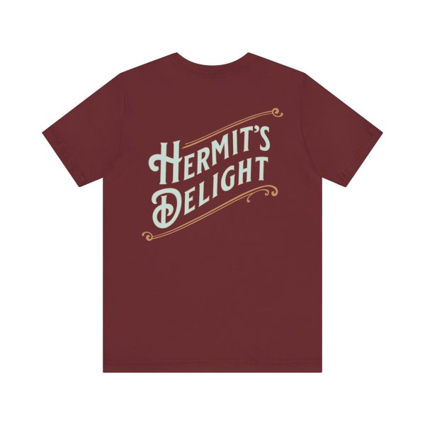 back view, Hermit's Delight logo across the whole back, centered.