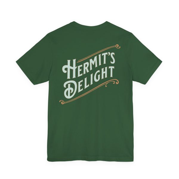 back view, Hermit's Delight logo across the whole back, centered.