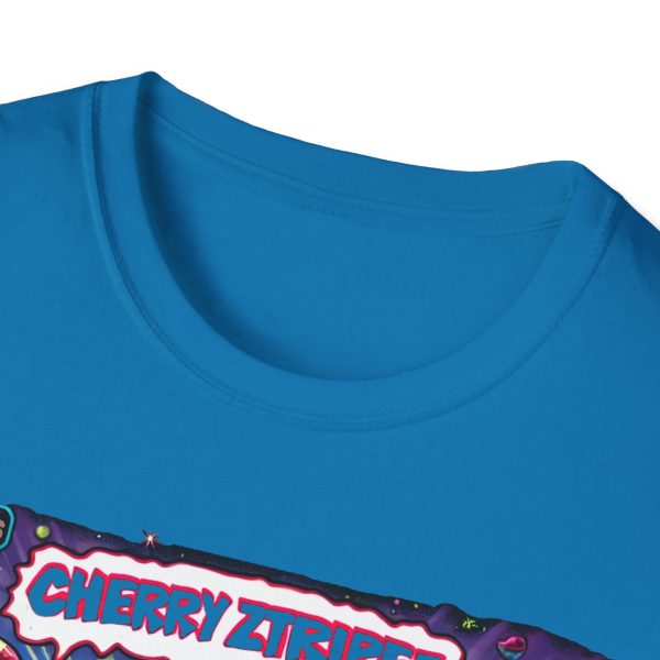 Close-up of the collar on a bright blue t-shirt, featuring a classic crew neck with clean double stitching and no visible tag. The upper edge of a colorful graphic design is partially visible below the collar, with bold text reading 'CHERRY ZTRIPEZ.